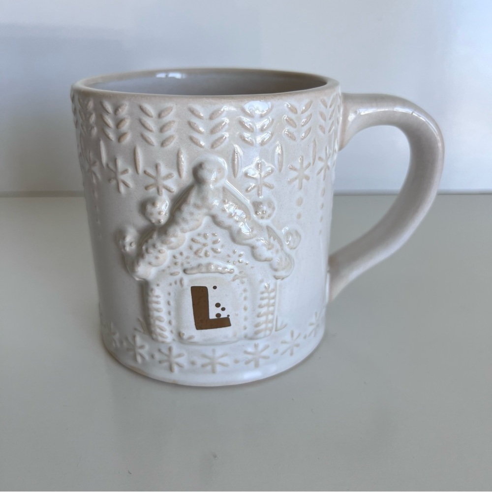 Anthropologie Snowcap Reactive-Glazed Monogram Mug “L”
